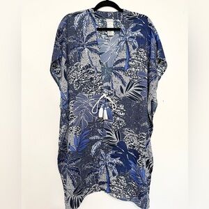 Chicos Womens Blue Palm Print Kimono Tassels Tie Front Tropical Resort Size S